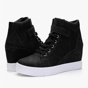 Women's Black Wedge High-Top Sneakers with Strap